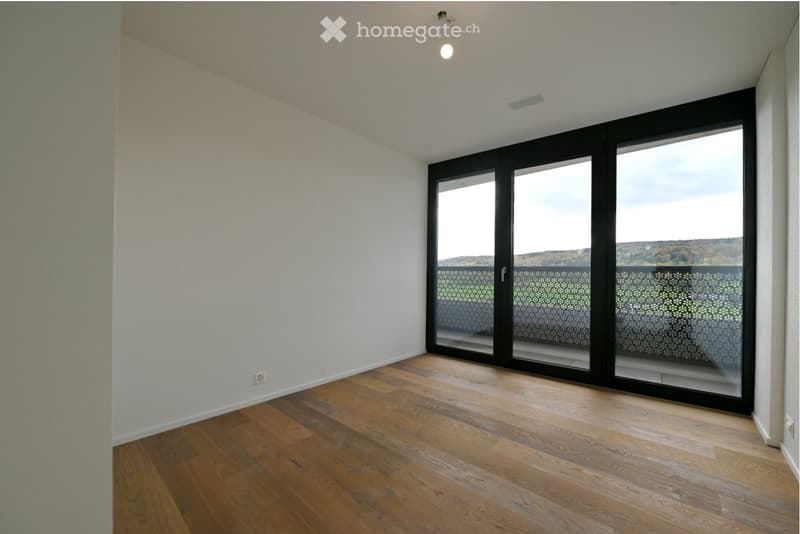 Empty room with wooden flooring, white walls, and large black-framed sliding glass doors leading to a balcony with a view of the landscape.