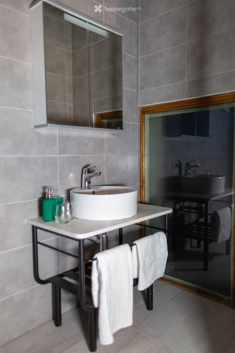 Modern bathroom with a white sink, chrome faucet, mirror, and towels on a metal rack. A glass shower enclosure is visible in the background.