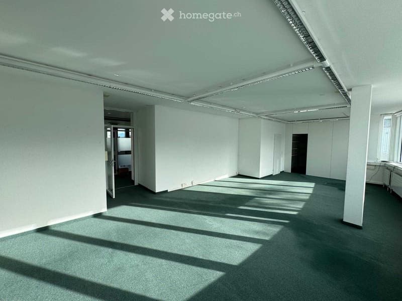 Empty room with white walls, grey carpet, and large windows allowing natural light. No furniture or equipment present.