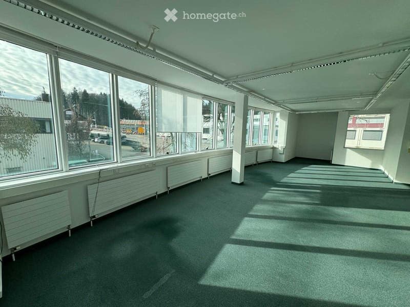 Empty room with large windows, carpeted floor, radiators, and exposed ceiling beams.