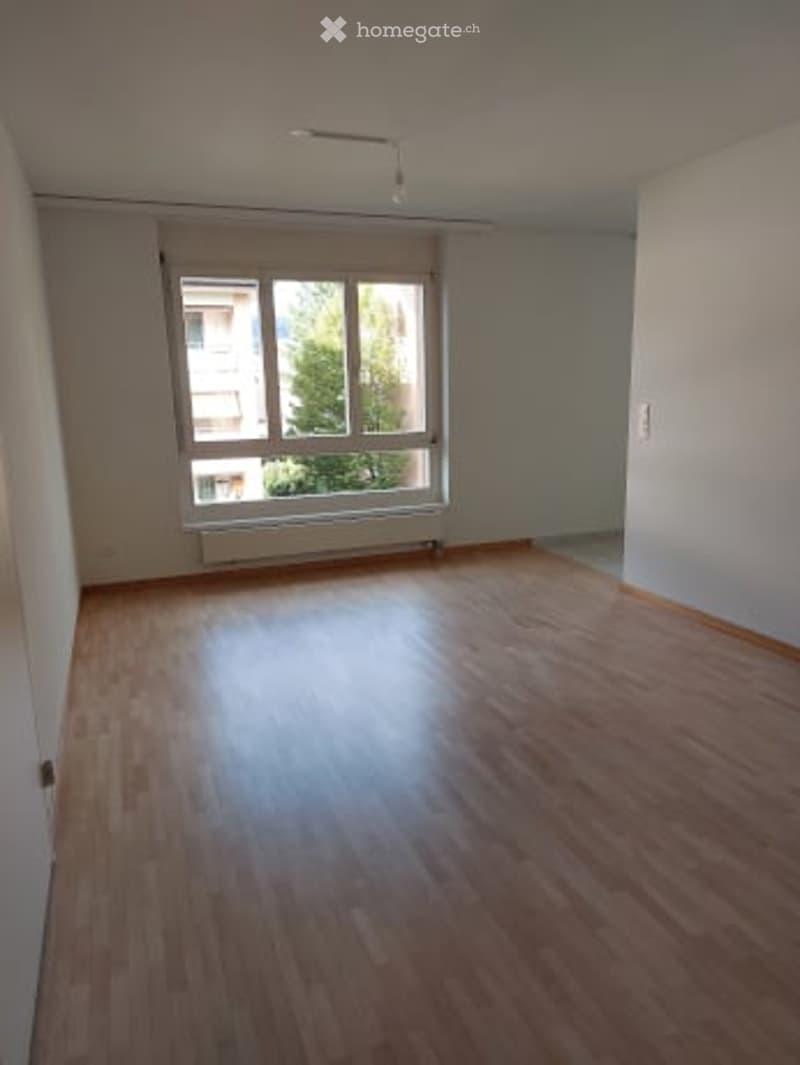 Empty room with wooden flooring, white walls, and a large window with a view of a building and greenery outside.