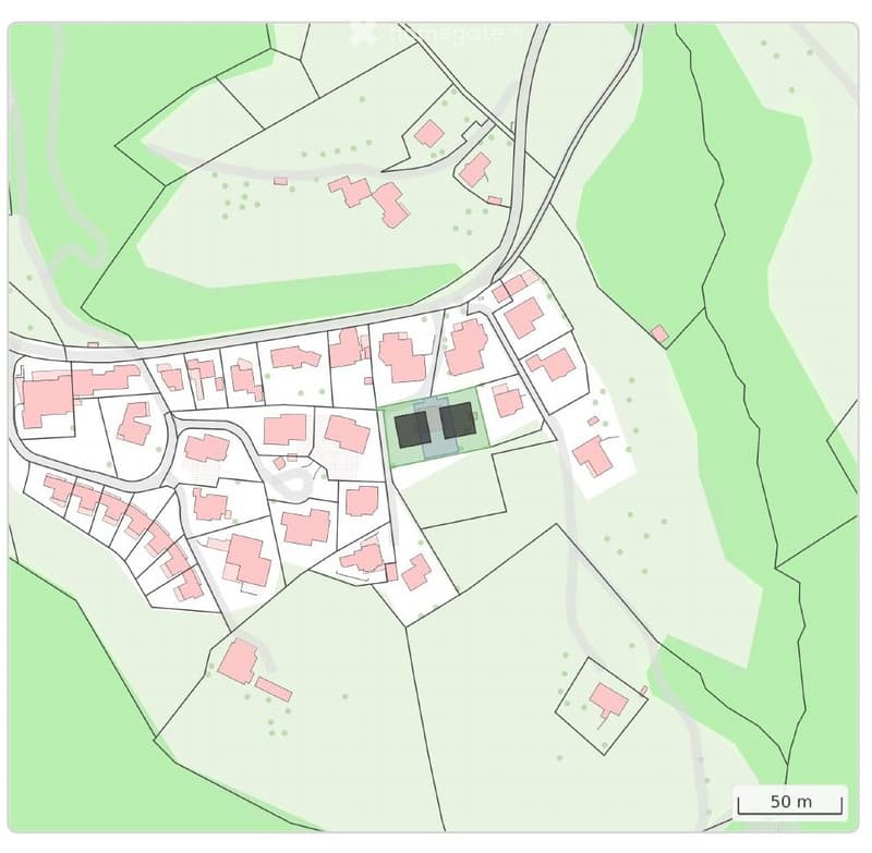 Map showing a residential area with buildings and green spaces.