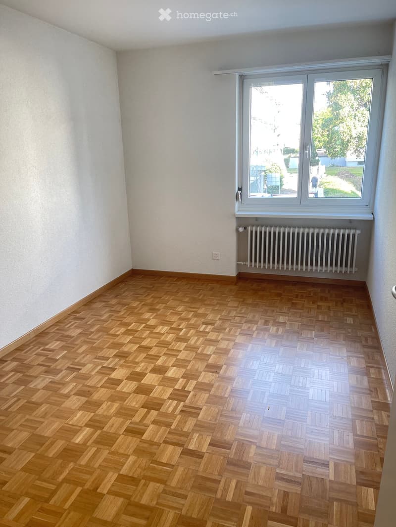 Empty room with wooden herringbone flooring, white walls, large window with view, radiator below window, and electrical outlet on wall.