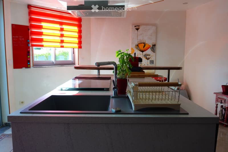 Modern kitchen with a large sink, faucet, dish rack, potted plant, and a small table with chairs. The kitchen features a sleek, grey countertop and a colorful window blind.