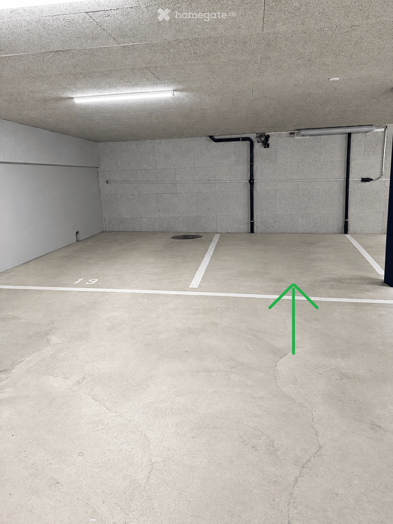 Empty underground parking space with concrete floor, marked parking spaces, and minimal lighting.
