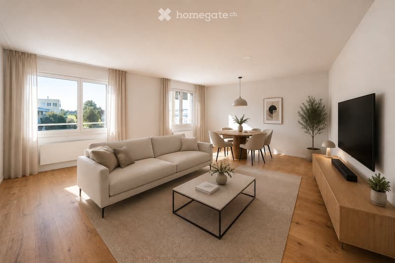 Modern living and dining area with a light-colored sofa, coffee table, dining table with chairs, television, sideboard, and potted plants.