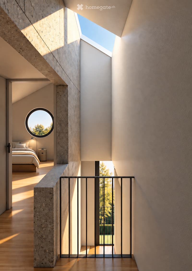 Modern hallway with wooden flooring, concrete pillars, and a balcony overlooking a garden. Features a round skylight and a circular window with a view of greenery.
