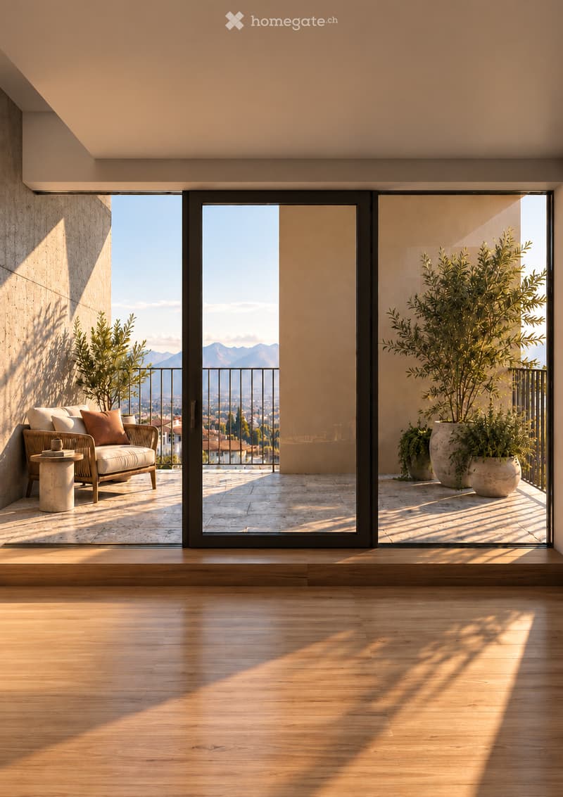 Modern balcony with large glass doors, wooden floor, sofa, small table, and potted plants, offering a scenic mountain view.