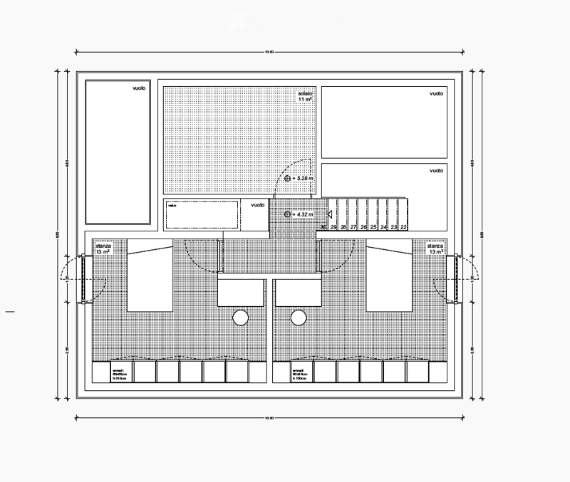 Floor plan showing a layout with labeled rooms including 'stanza' (room), 'solario' (sunroom), and 'armadio' (wardrobe). Dimensions and measurements are indicated for various spaces.