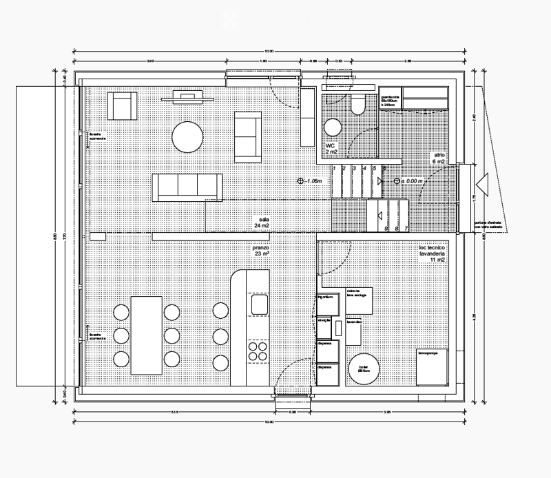 Floor plan of a residential space featuring a living area, kitchen, bedroom, bathroom, technical room, and laundry area.