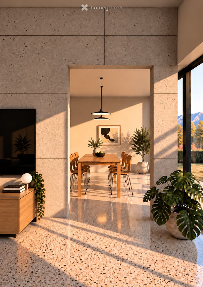 Modern dining area with a wooden table, six chairs, pendant light, potted plants, and a screen in the background.