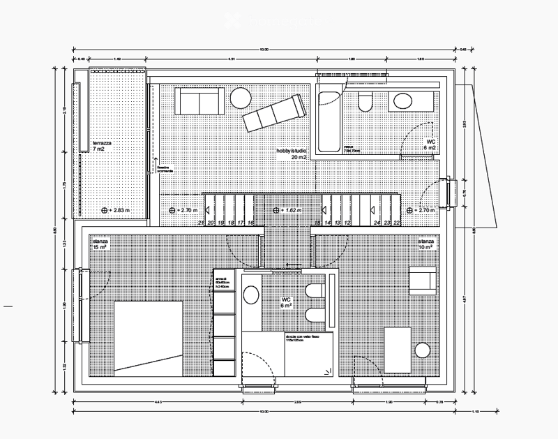 Floor plan of a residential space featuring a living room, kitchen, two bedrooms, two bathrooms, and a hobby/studio area.