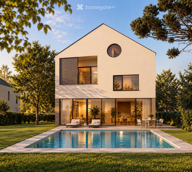 Modern two-story house with a flat roof, large windows, and a balcony. Features a swimming pool, outdoor seating area, and lush greenery surrounding the property.