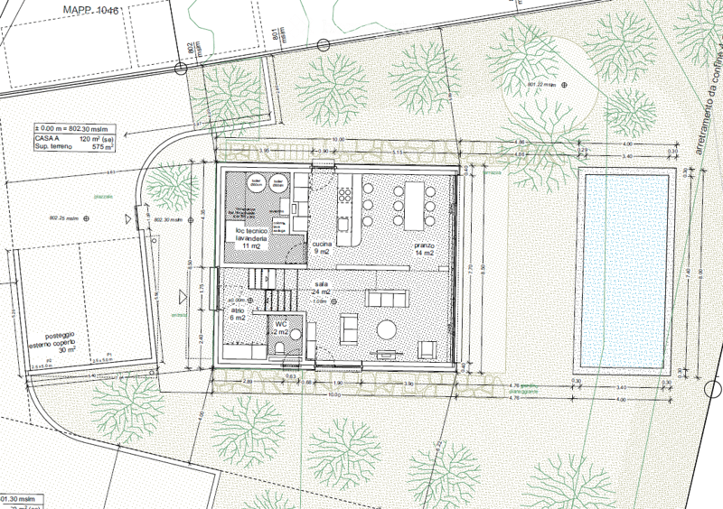 Floor plan of a house with labeled rooms including living room, kitchen, bathroom, technical room, and laundry area. Includes a swimming pool to the right.