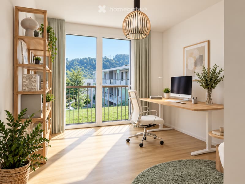 Bright, modern home office with large windows and a balcony view, featuring a white ergonomic chair, wooden desk, computer setup, and decorative plants.