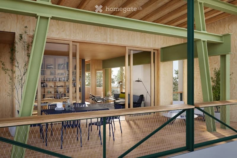Modern, open-concept balcony area with wooden flooring, large glass doors leading to an indoor space, a dining table with chairs, a sofa, a bookshelf, and a floor lamp.