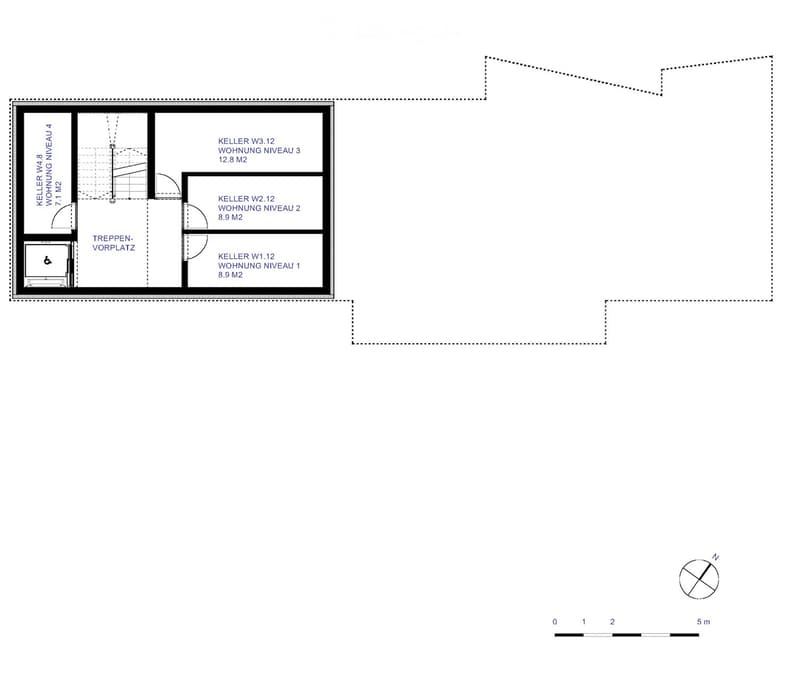 Floor plan showing three levels of a basement with labeled areas: Keller W1.12 (8.9 m²), Keller W2.12 (8.9 m²), Keller W3.12 (12.8 m²), and Keller W4.8 (7.1 m²). Includes a staircase area and a wheelchair-accessible entrance.