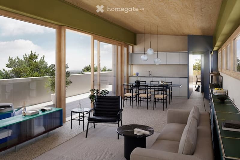 Modern open-plan living and dining area with large windows offering a scenic view, featuring a sofa, coffee table, dining table with chairs, and a sleek kitchen area with pendant lights.