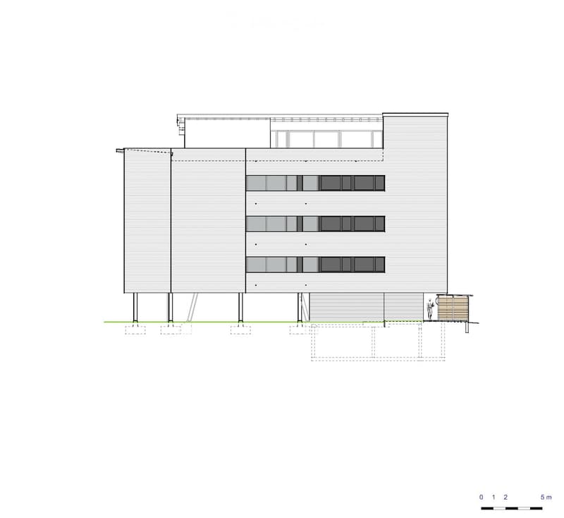 Elevation view of a modern multi-story building with a raised ground floor, featuring rectangular windows and a flat roof.