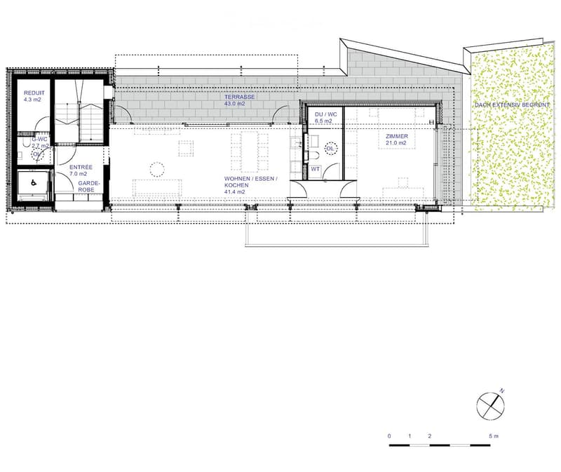 Floor plan of a house with labeled rooms including a living/dining/kitchen area, bedroom, bathroom, entrance, and terrace.