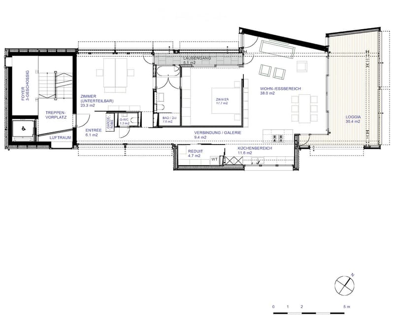 Floor plan of a 3-story house with labeled rooms including living/dining area, kitchen area, bedroom, bathroom, hallway, garden, and staircase.