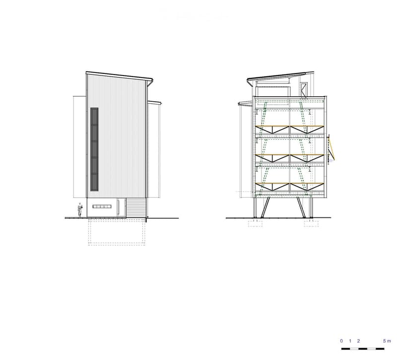 Architectural floor plan showing a two-story building with a raised ground floor, featuring a modern design with large windows and a balcony.