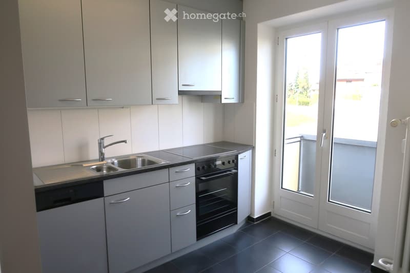 Modern kitchen with grey cabinets, stainless steel sink, oven, and dishwasher. Large window and door leading to a balcony.