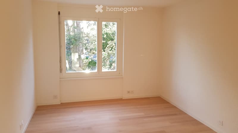 Empty room with light wooden flooring and white walls, featuring a large window with a view of greenery outside.