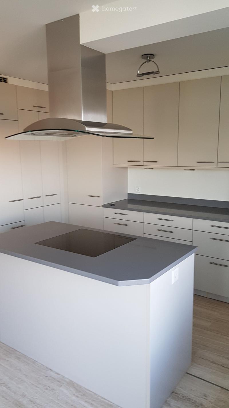 Modern kitchen with white cabinets, a central island with an induction cooktop, and a range hood above.