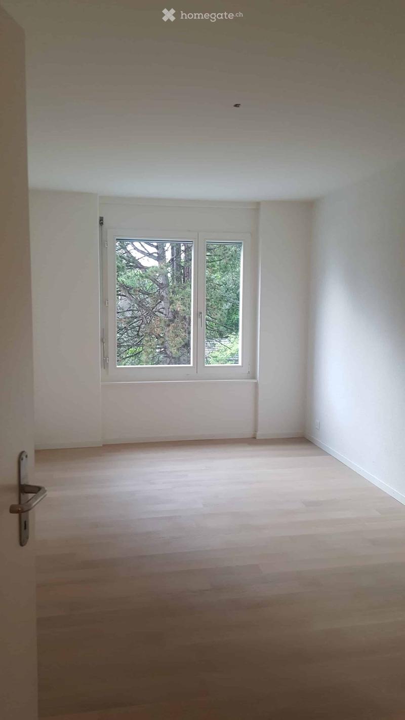 Empty room with light wooden flooring, white walls, and a large window with white frames showing greenery outside.