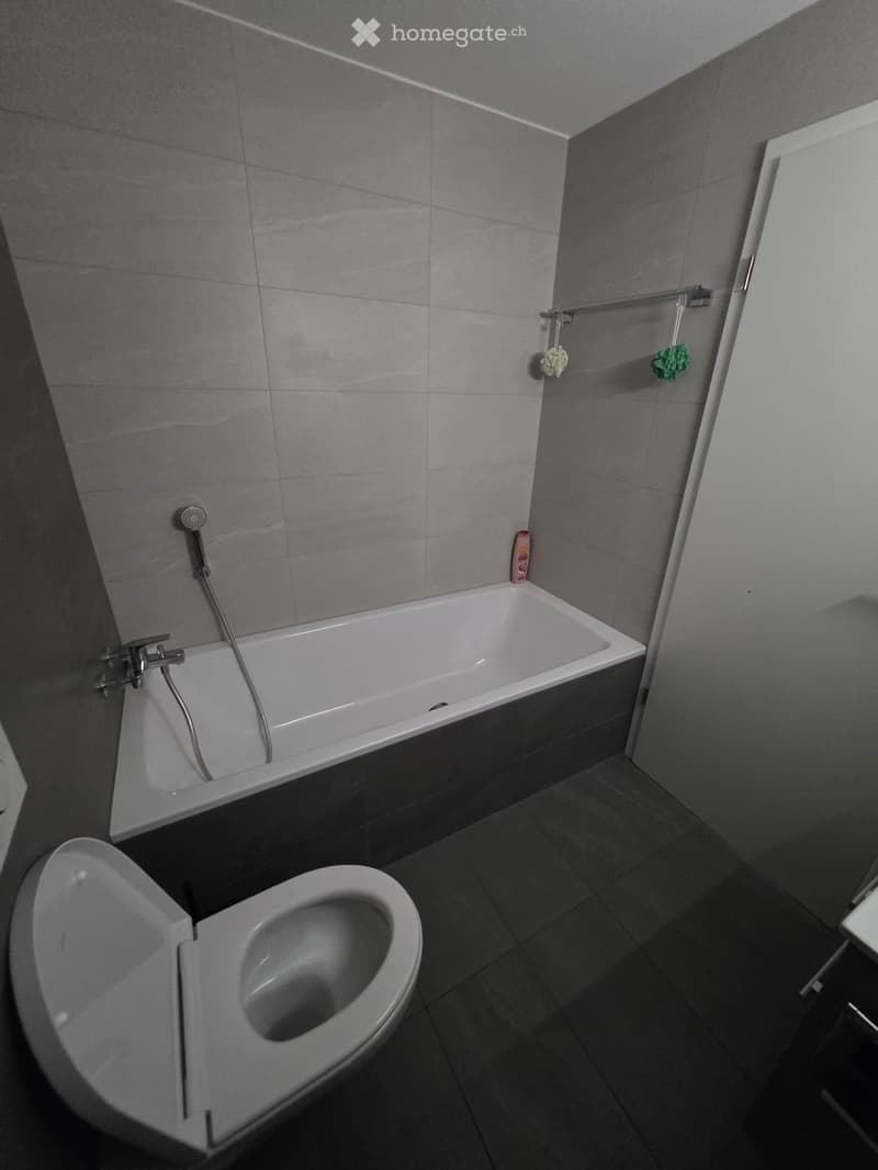 Modern bathroom with a bathtub, toilet, and showerhead, featuring grey tiled walls and dark tiled flooring.