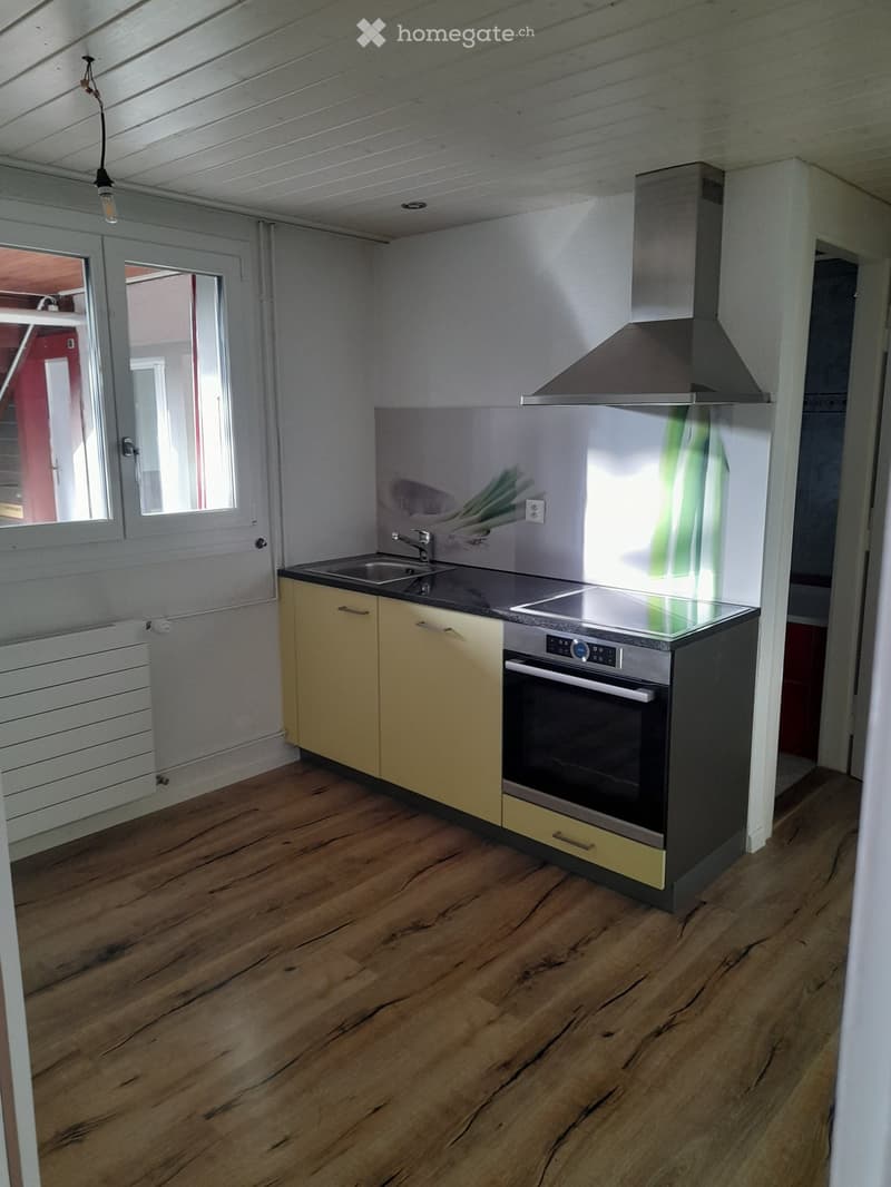 Modern kitchen with wooden flooring, light yellow cabinets, stainless steel oven, range hood, and sink.