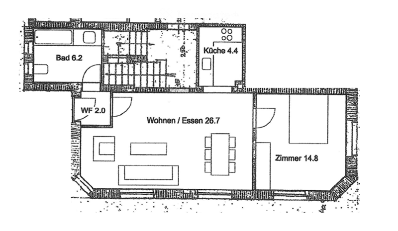 Floor plan showing a living/dining area (26.7 sq m), bedroom (14.8 sq m), kitchen (4.4 sq m), bathroom (6.2 sq m), and walk-in closet (2.0 sq m).