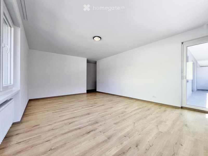 Empty room with light wooden flooring, white walls, and large windows allowing natural light. The room features a modern ceiling light fixture and a radiator on the left side.