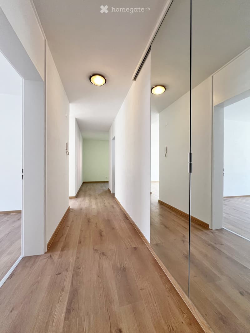 Modern hallway with light wooden flooring, white walls, recessed lighting, and glass partitions.