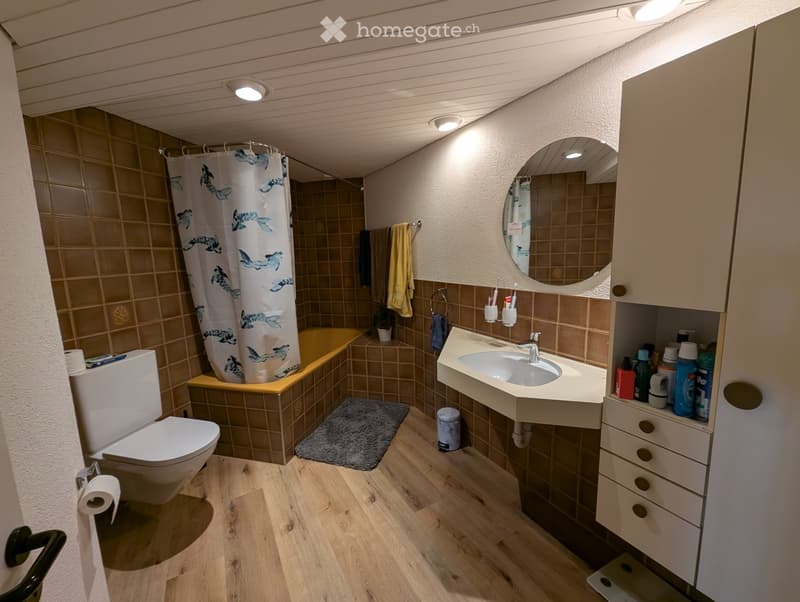 Bathroom with wooden flooring, a toilet, a bathtub with a shower curtain, a sink with a mirror, a cabinet, and various toiletries.