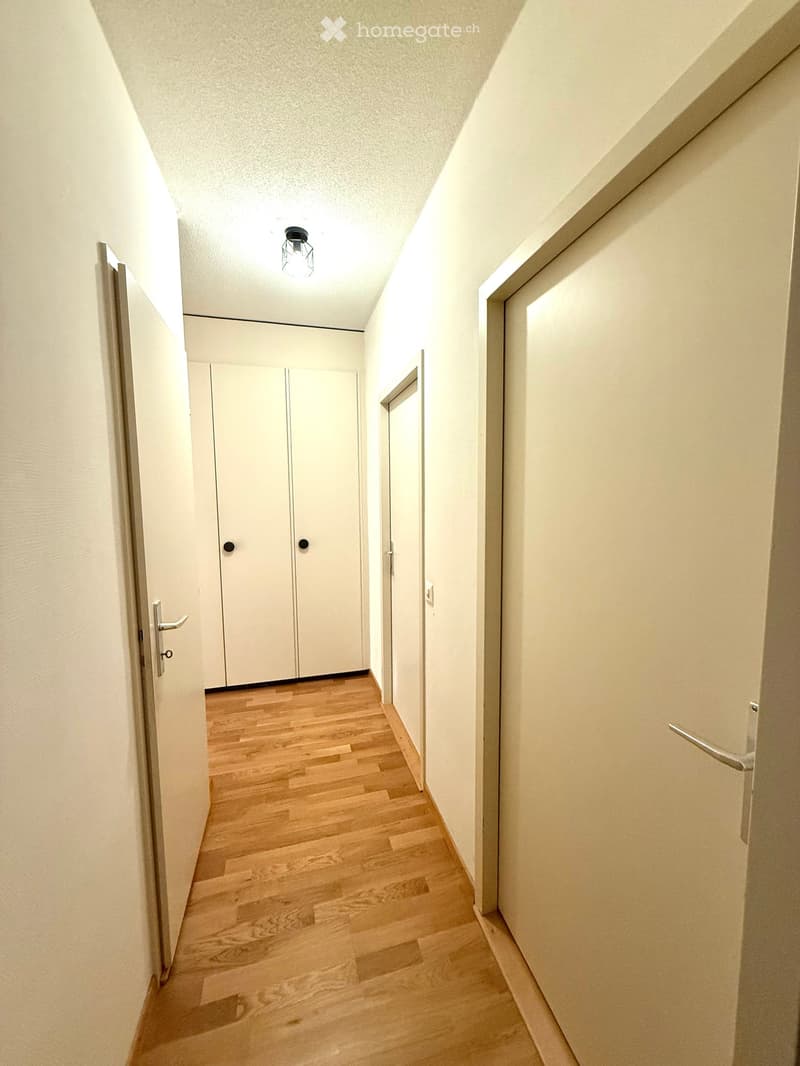 A narrow hallway with light wooden flooring, white walls, and several closed doors. A single ceiling light fixture is visible.