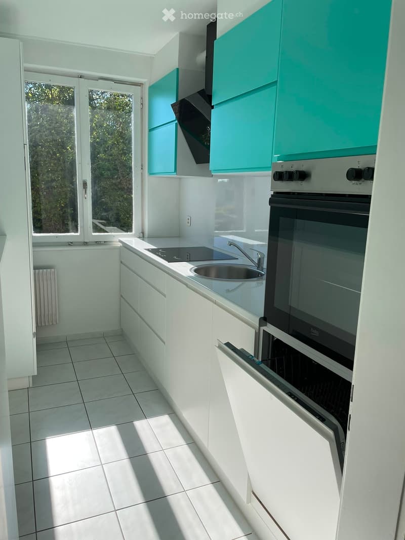 Modern kitchen with white cabinets, stainless steel oven, sink, and countertop. Large window provides natural light.