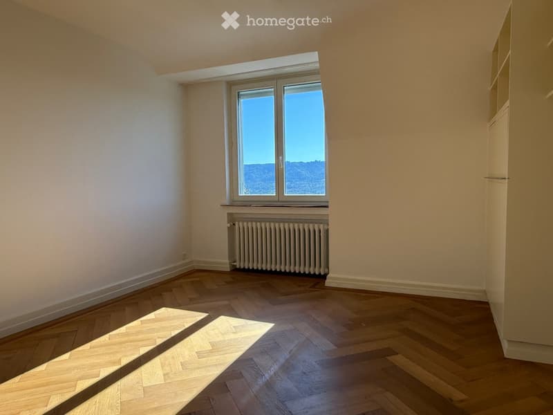 Empty room with wooden herringbone flooring, large window with view, radiator, and built-in shelving unit.