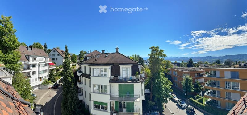 3 story house, balconies, brown roof, several cars parked in street