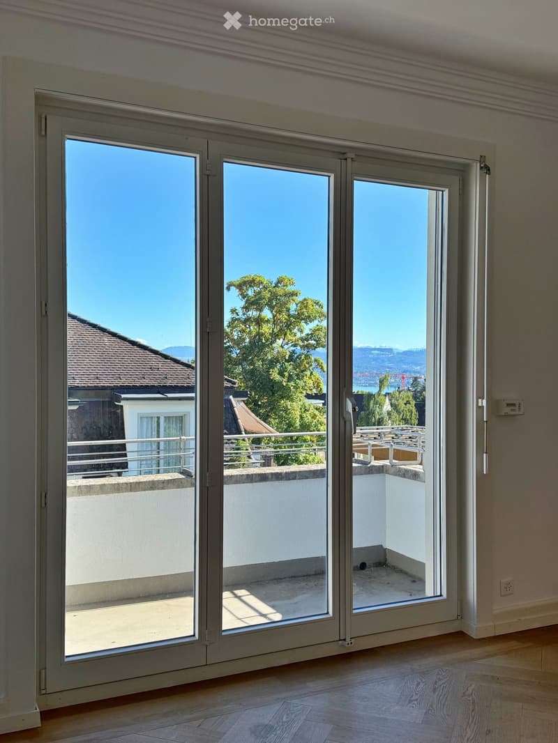 Sliding doors with glass panels, balcony, wooden floor, view to another house and trees