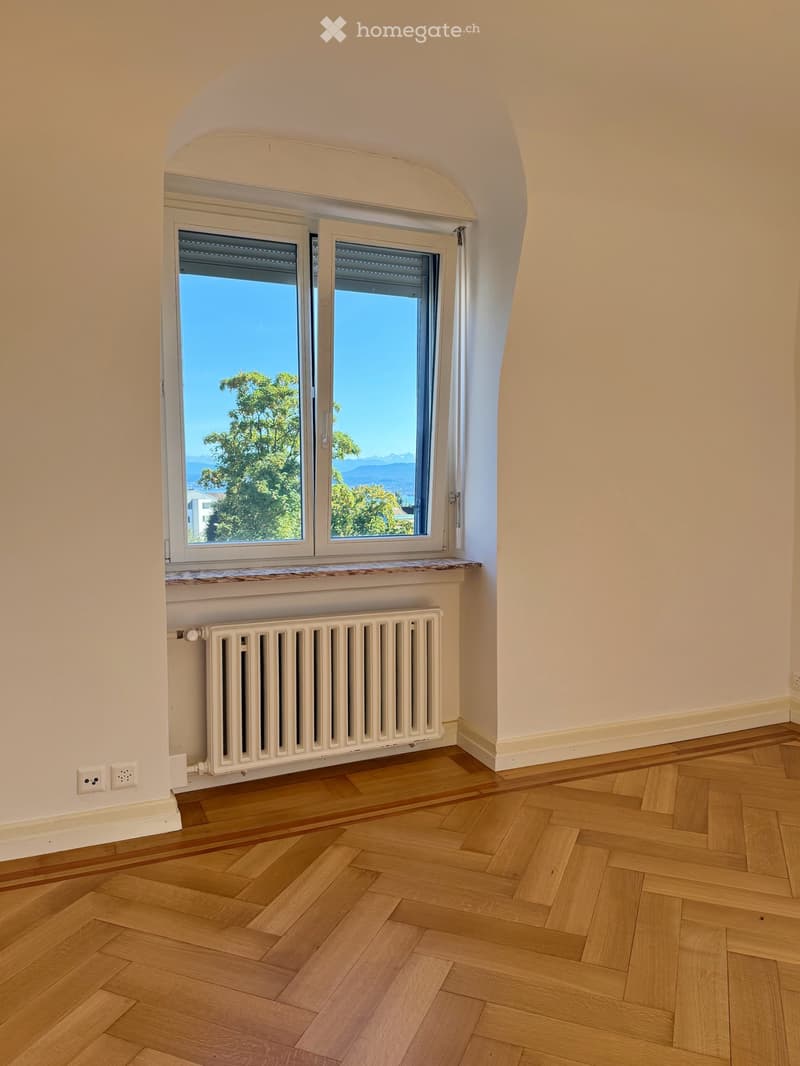 Empty room with parquet flooring, white walls, white radiator, white power outlets, arched window with view of the landscape