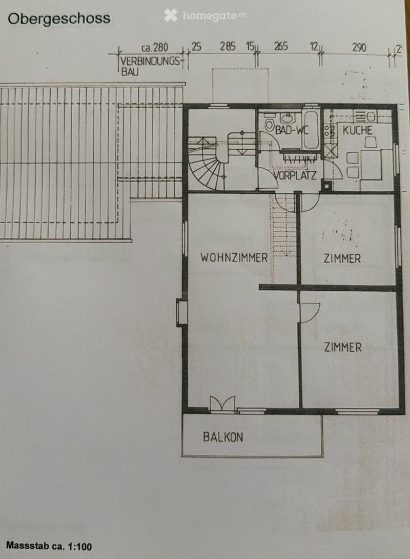 Floor plan of the upper floor showing a living room, two bedrooms, kitchen, bathroom, hallway, and balcony.