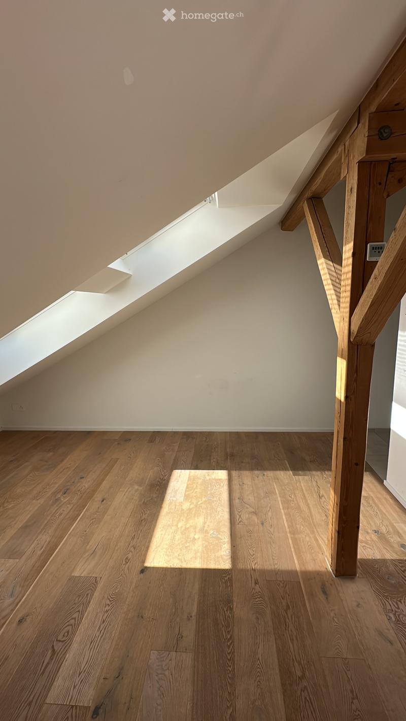 Empty attic space with wooden flooring, slanted ceilings, and a skylight window allowing natural light to enter.