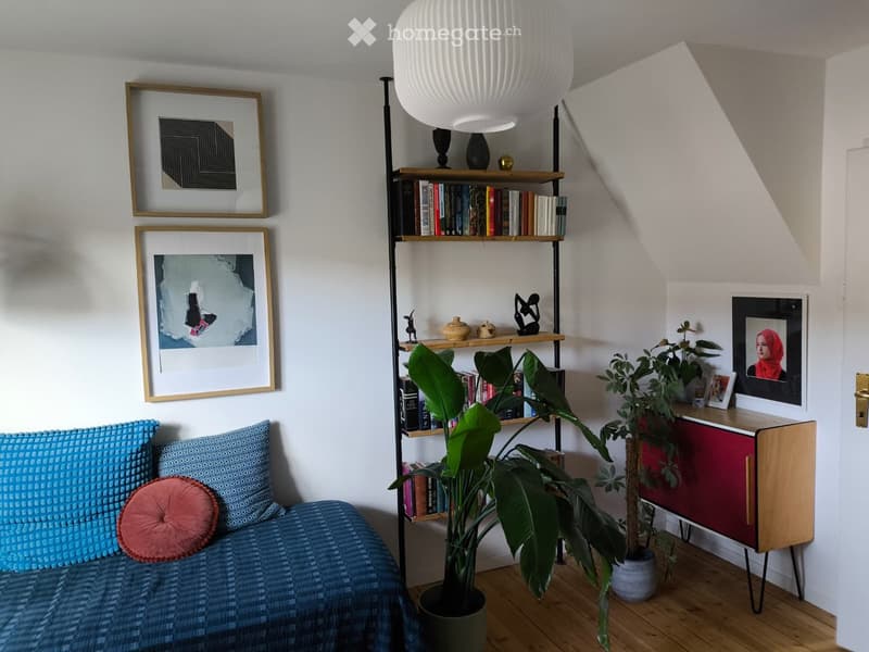 A cozy living room with a blue sofa, a tall bookshelf filled with books and decorative items, potted plants, and framed artwork on the walls.