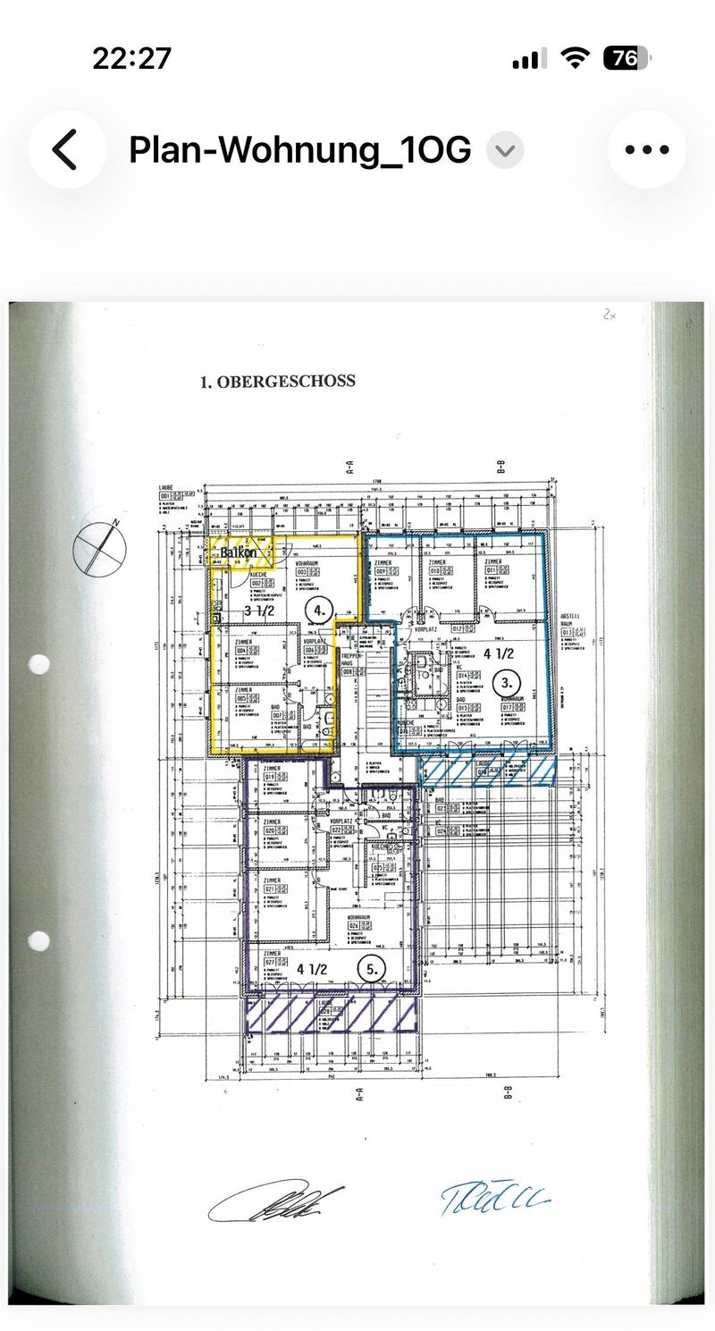 Floor plan of the upper floor showing multiple rooms including living room, kitchen, bedrooms, and balcony.