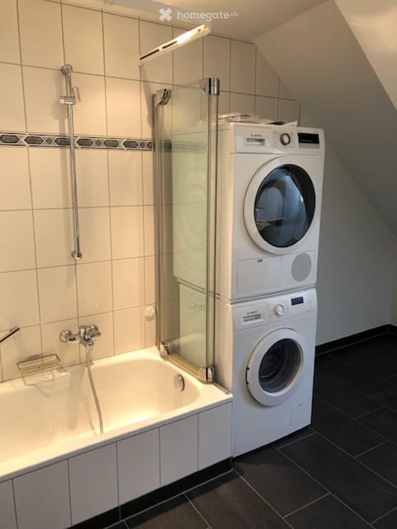 Modern bathroom with a bathtub, glass-enclosed shower, and stacked washer/dryer unit.