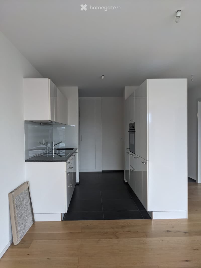 Modern kitchen with white cabinets, black countertops, and a wooden floor. Features a sink with a faucet, an oven, and a framed artwork on the wall.