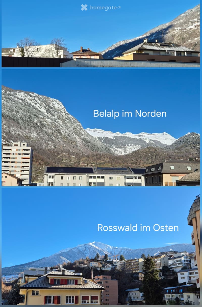 Three images showing different views of a town with buildings and snow-capped mountains in the background.