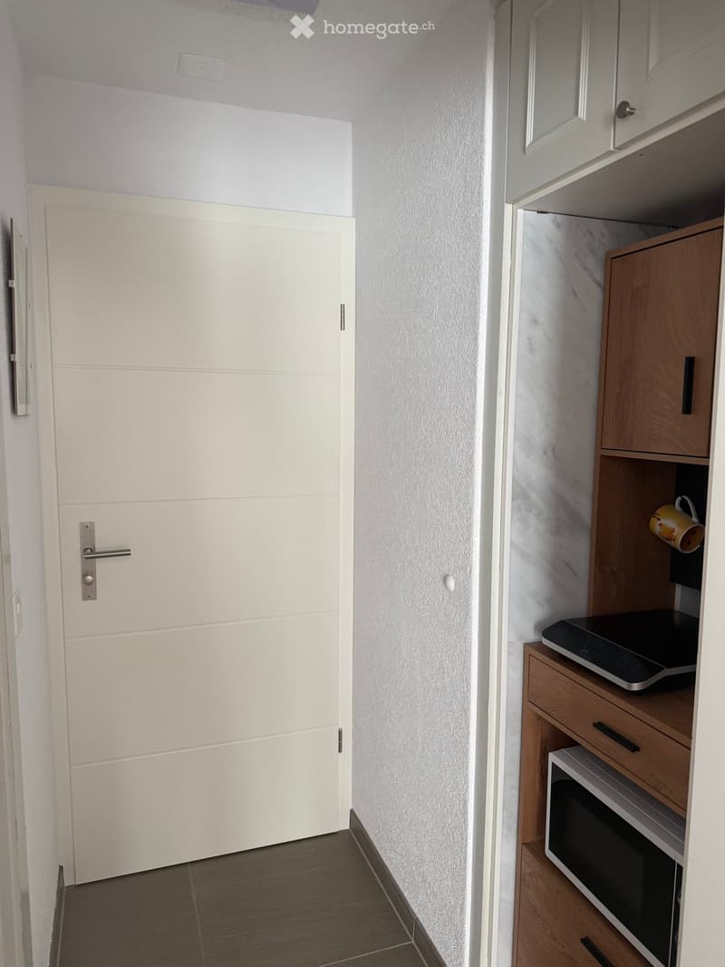 A small hallway with a white door on the left and a wooden kitchen cabinet on the right, featuring a microwave, a cup, and a small shelf.